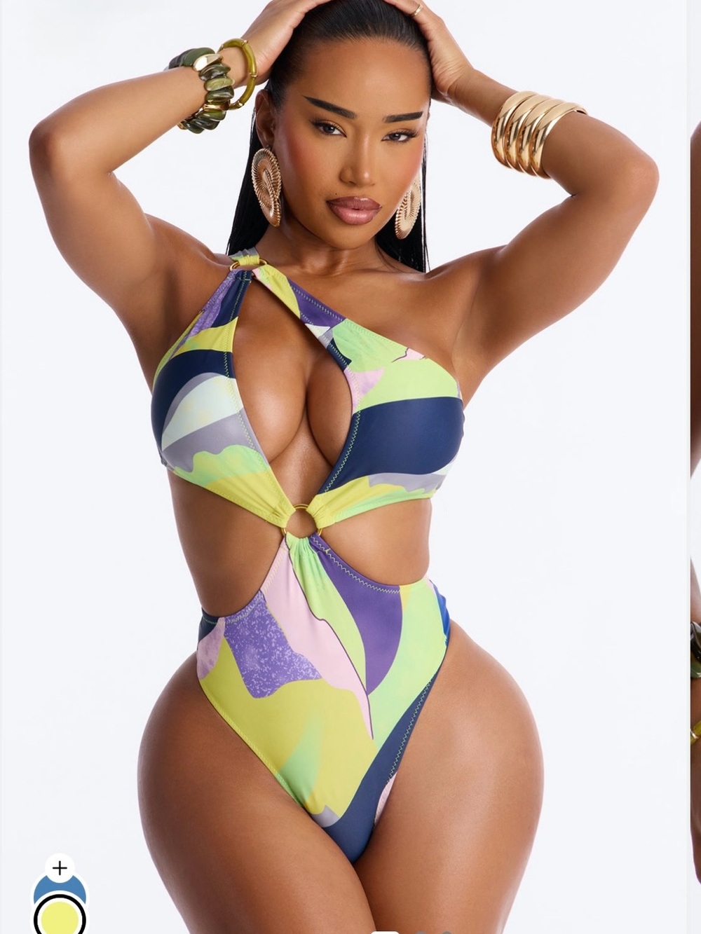 Fashion Nova One-Shoulder Cutout One-Piece in Navy, Lime & Lavender